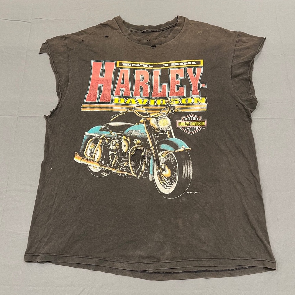 Vintage Harley Davidson Sleeveless T-Shirt Thrashed Faded Black Graphic XL